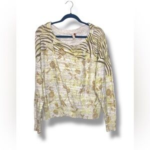 Pilcro Anthropologie Women's off shoulder Beige and Gold Patterned Sweater
